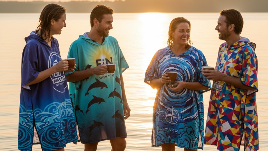 Group of swimmers wearing colorful custom-printed microfiber swim ponchos with team and event logos, standing by a lake after open-water swimming.