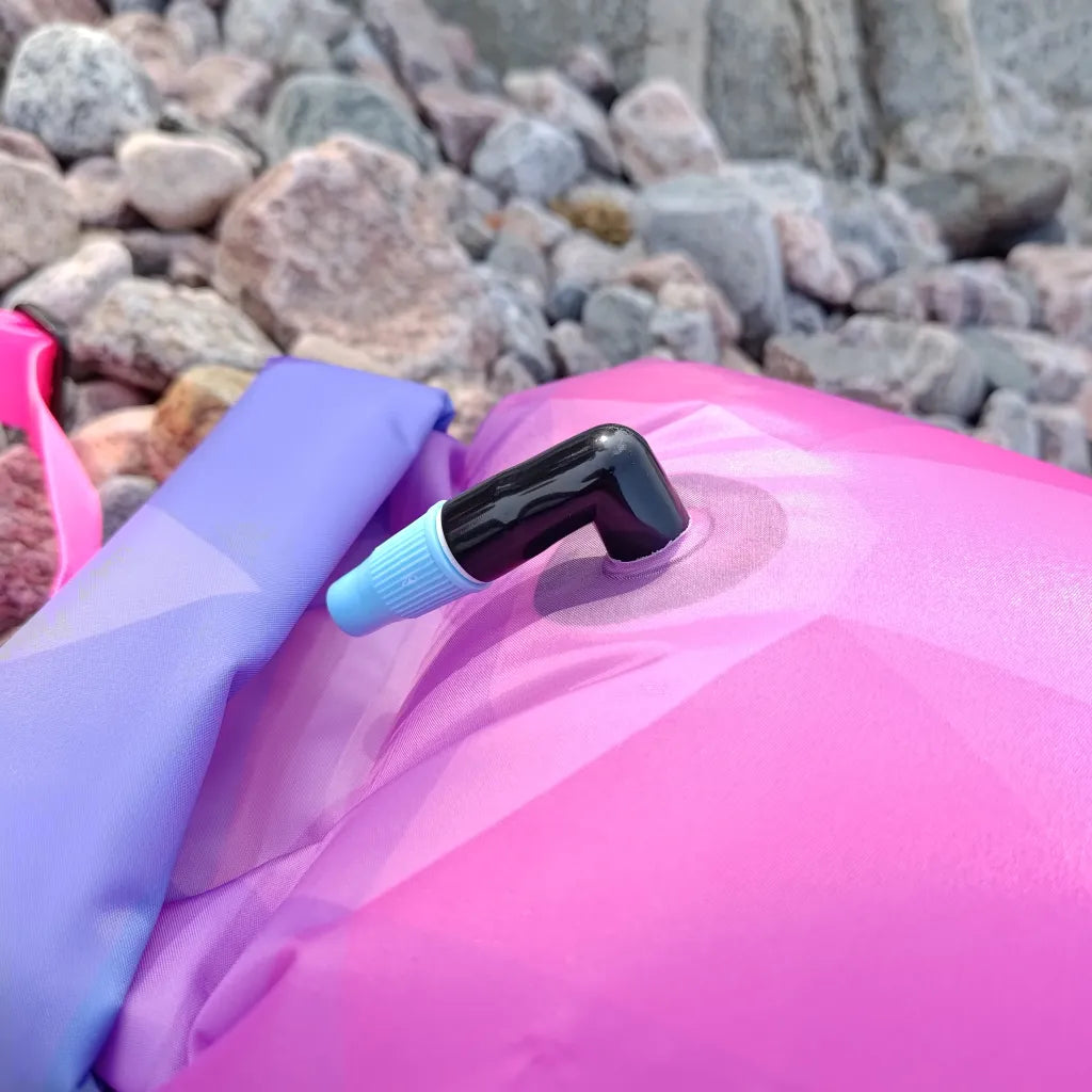 Inflation valve close-up on Electric Coral drybag buoy