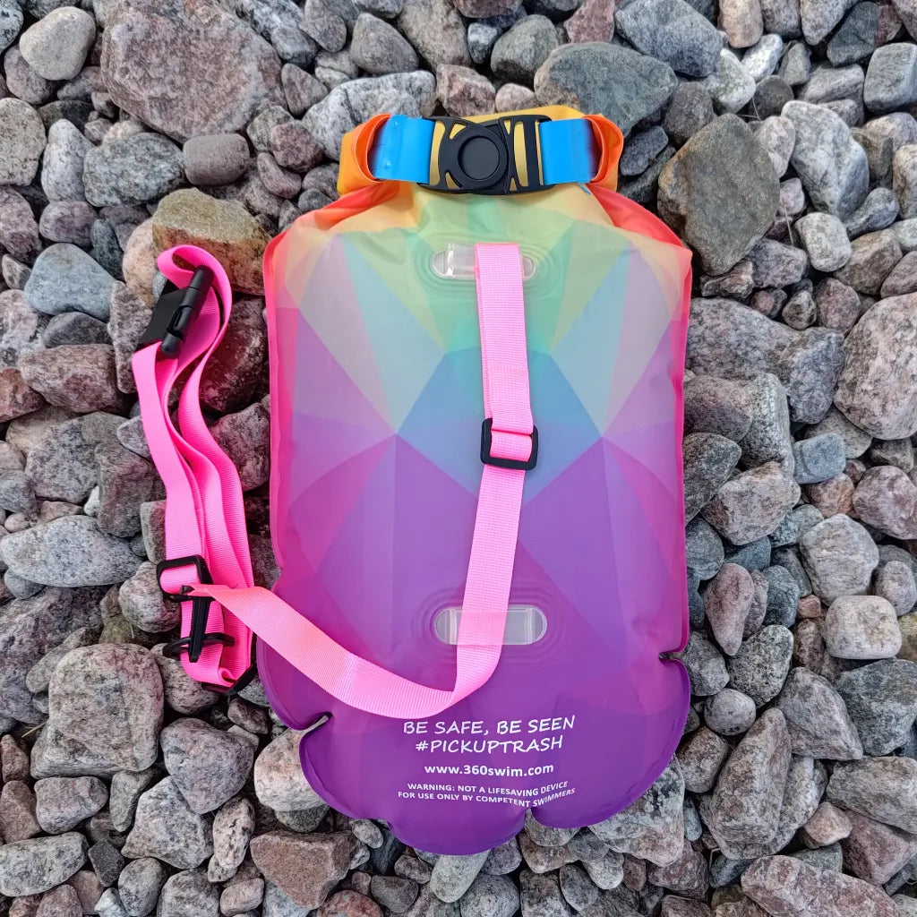 Back view of Twilight Bloom swim buoy for visibility in lakes and sea