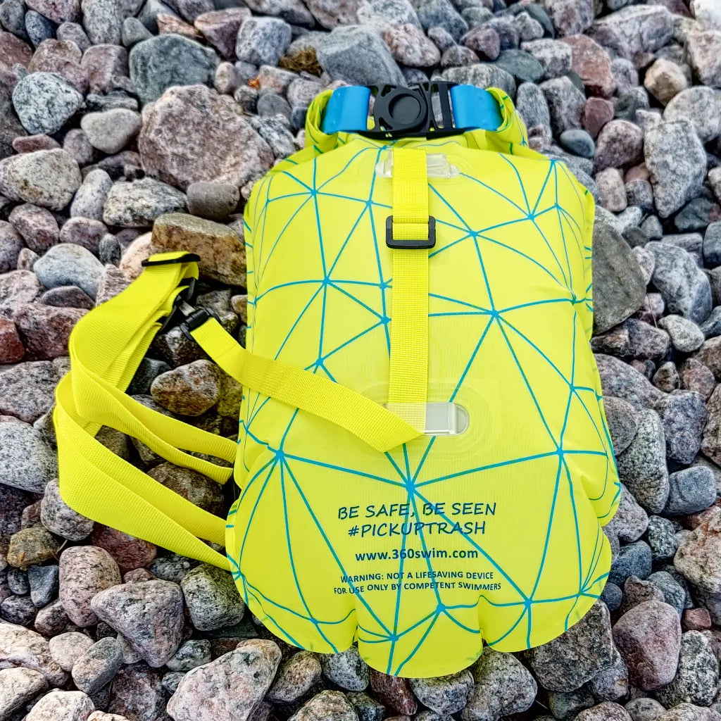 Lemon Wire swim float - back view of drybag buoy for training and safety