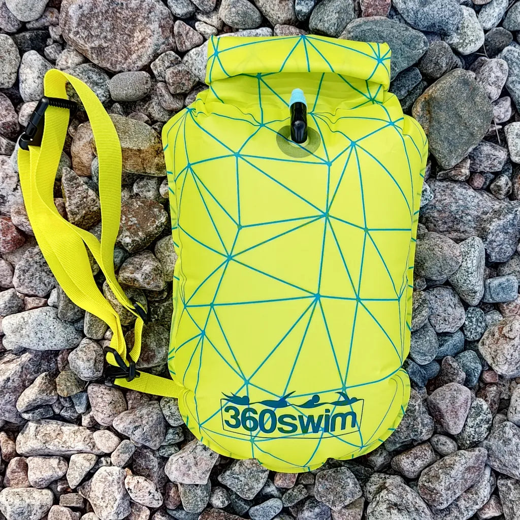Front of Lemon Wire yellow swim buoy - sporty geometric design for triathletes