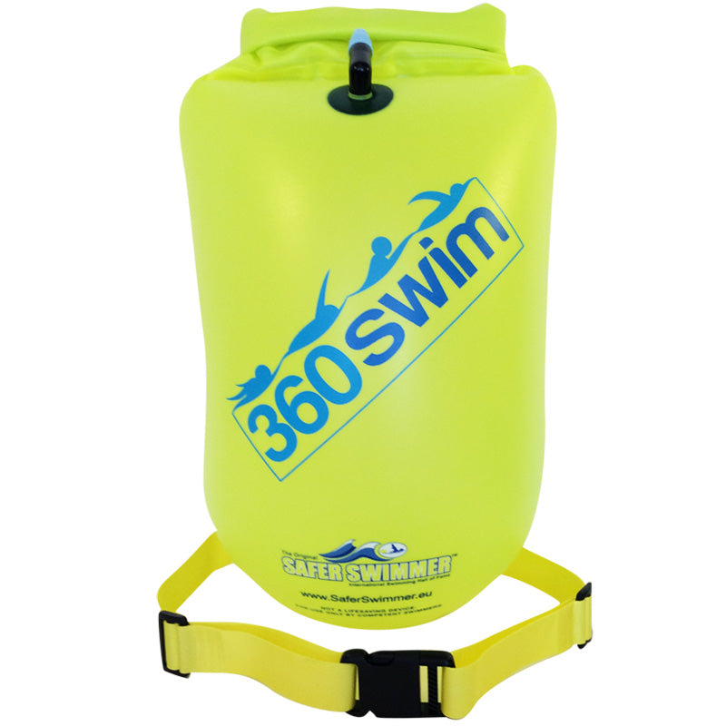 green buoy with dry bag for open water swimming