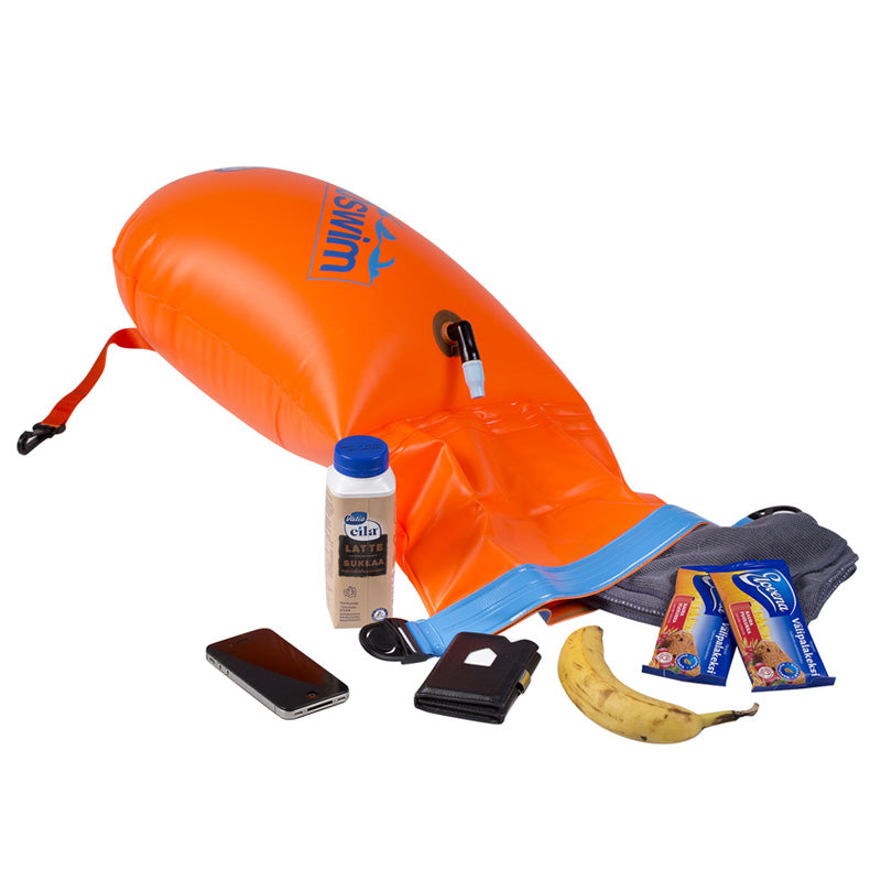 inflated orange buoy with items inside