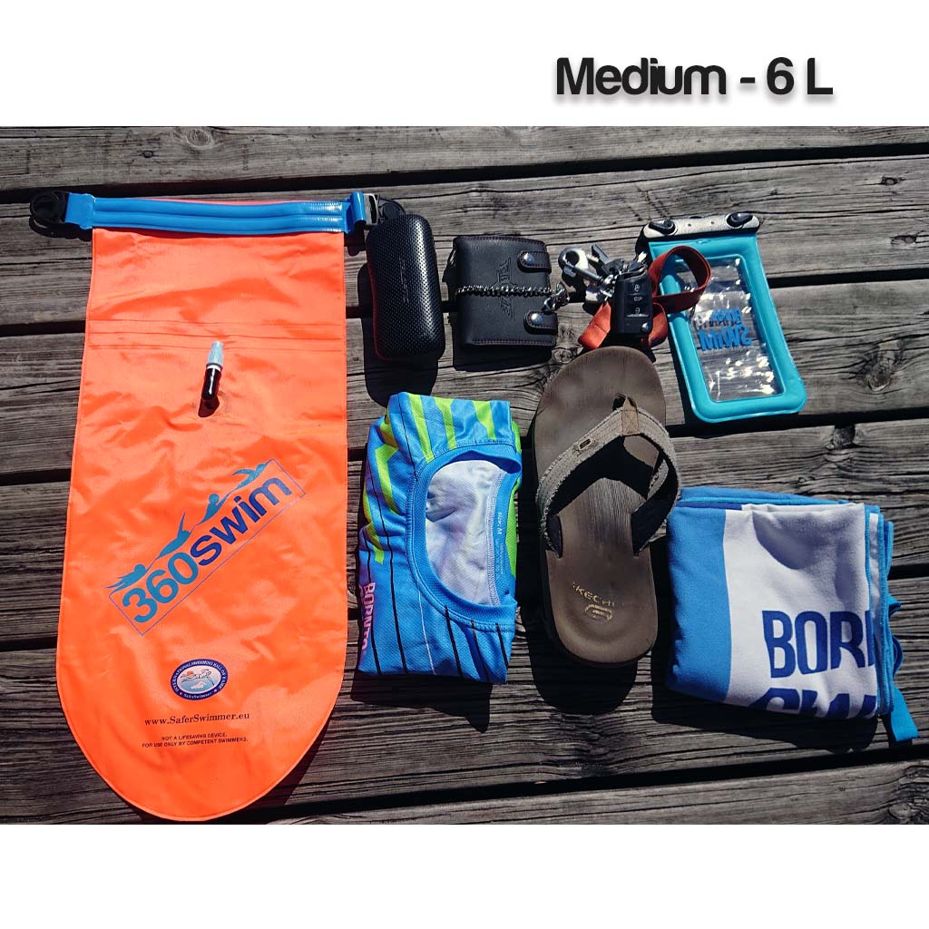 medium 6 liter swim buoy and what fits inside