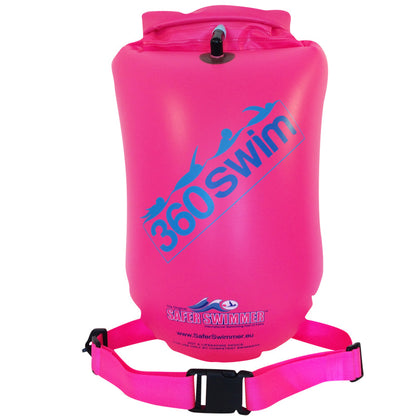 pink open water swimming buoy with dry bag