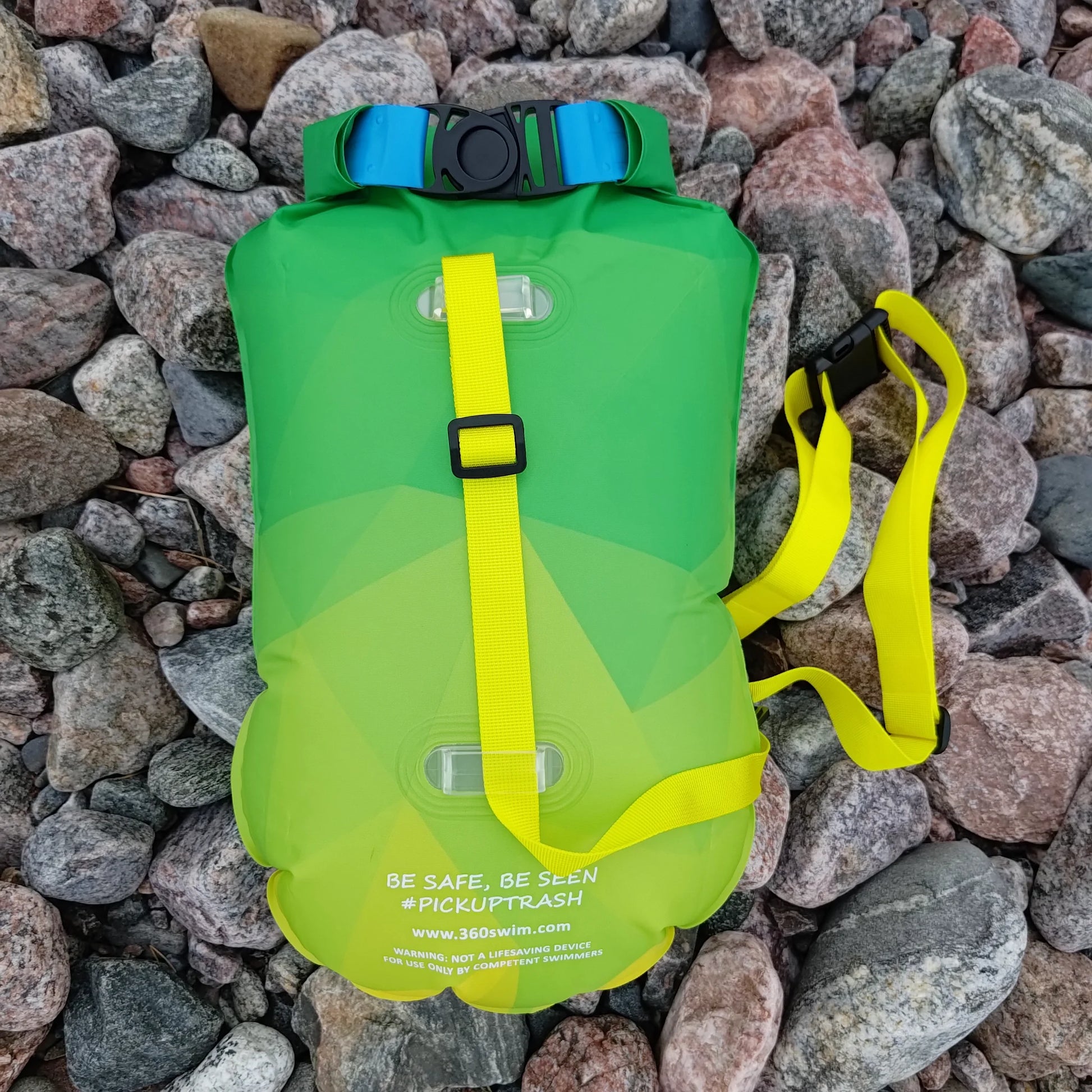 Back view of 360swim Ultra Drybag Swim Buoy in Limeburst colour showing waist strap routing and adjustable buckle