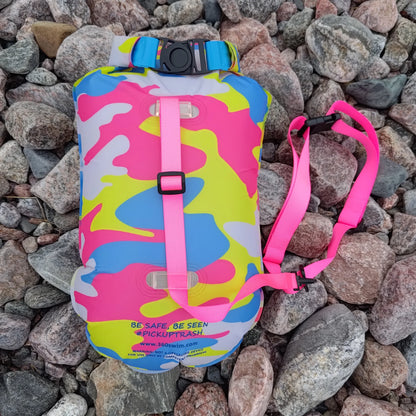 Back view of 360swim Ultra Dazzle Drybag Buoy in Urban camouflage print showing waist strap and adjustable buckle
